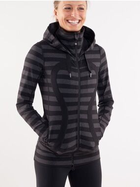Striped Black & Charcoal Hooded Zip-Up Jacket